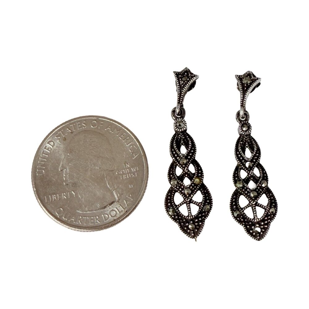 925 Sterling Silver Marcasite Dangle Earrings 1 3/8" Tiered Art Deco Sparkle - Picture 9 of 10
